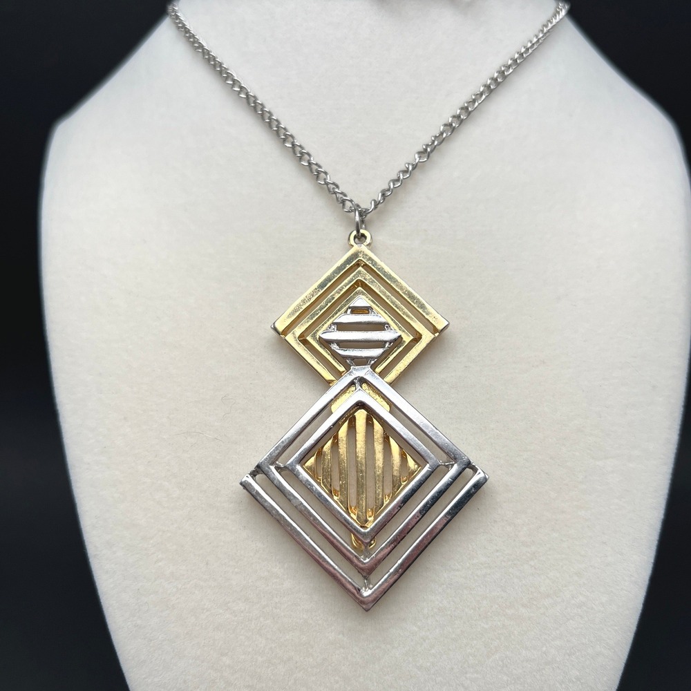 Vintage Coro Pendant Necklace Two Tone Open Work Geometric MCM Brutalist